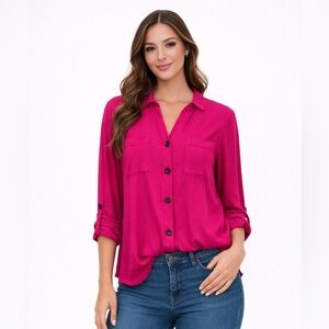 GeeGee Bright Pink Crepe Convertible Sleeve Button Down Shirt